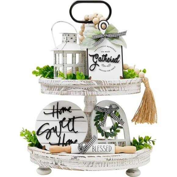 Farmhouse Tiered Tray Decor Set Rustic Wood Kitchen Shelf Table Accents - Picture 7 of 7